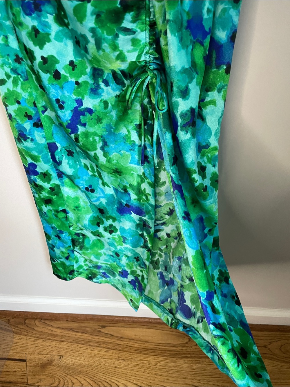 Zara Floral High Neck Long Sleeve Midi Dress Women Small Blue Green Ruched NWOT - Picture 6 of 10